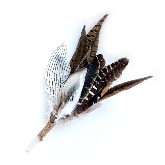 Shamanic feather fan with selenite crystal, perfect for enhancing smudging ceremonies, clearing negative energy, and promoting spiritual healing