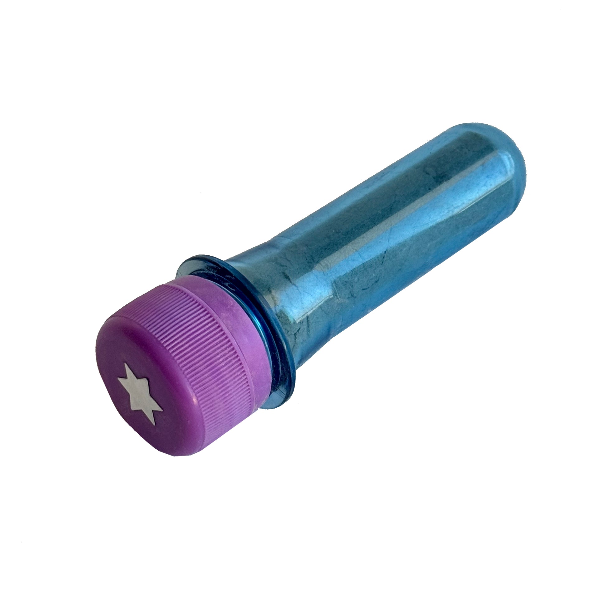 Clear plastic tube with a purple cap and rapeh powder inside on a white background