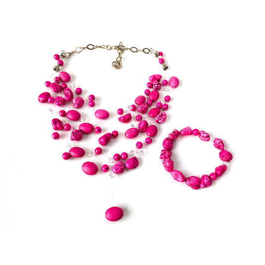 Rozā ahāta kaklarotu un rokassprādžu komplekts